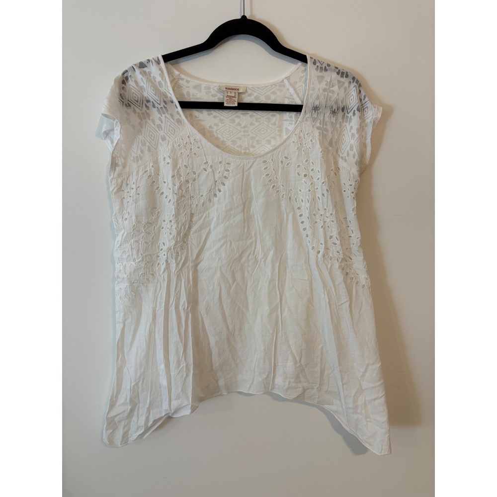 Sundance White Eyelet Embroidered Burnout Sharkbite Hem Top Large‎